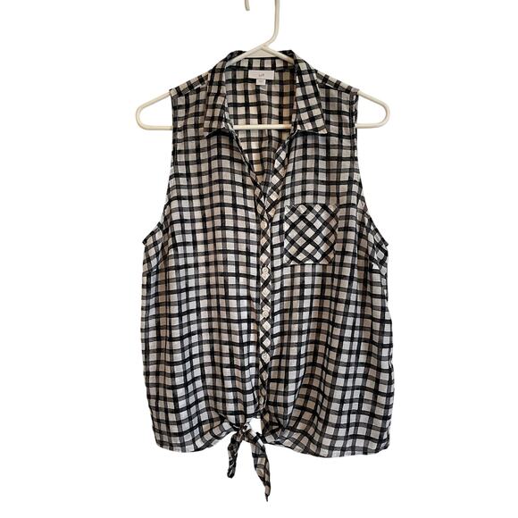 J. Jill black gingham silk cotton sleeveless button up shirt tie front Large - Picture 1 of 7